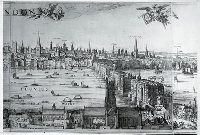 VK, Engeland, Uitzicht op de stad Londen met de London Bridge door Nicolaes Jansz (1586 1652) Visscher