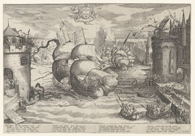 Inname van Damiate en het overzeilen van de ketting, 1219 door Nicolaes Jansz. Clock