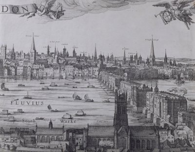 Panorama van Londen en de Theems, deel drie toont Southwark, London Bridge en de kerken in de stad, ca. 1600 door Nicolaes Jansz Visscher