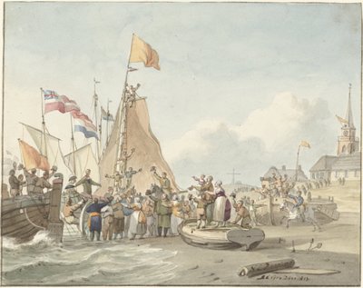 Aankomst van prins Willem Frederik te Scheveningen, 30 november 1813 door Nicolaes Lodewick Penning (signed by artist)