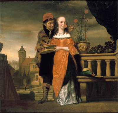 Een Man die een Anjer naar de Neus van een Vrouw Houdt: Een Allegorie van de Reukzin, voor 1660 door Nicolaes Maes