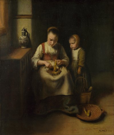 Een vrouw die pastinaken schraapt, met een kind naast haar, 1655 door Nicolaes Maes