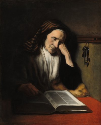 Een oude vrouw die dut boven een boek door Nicolaes Maes