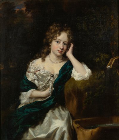 Portret van een dame bij een fontein door Nicolaes Maes