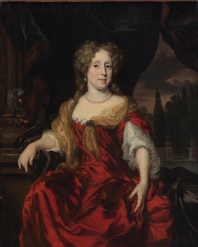 Portret van een dame in een rode jurk door Nicolaes Maes