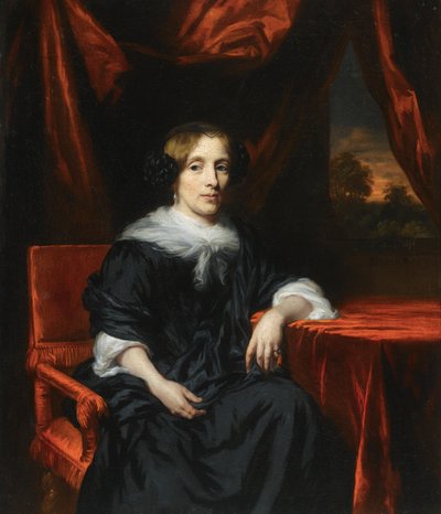 Portret van een vrouw in een zwarte jurk door Nicolaes Maes