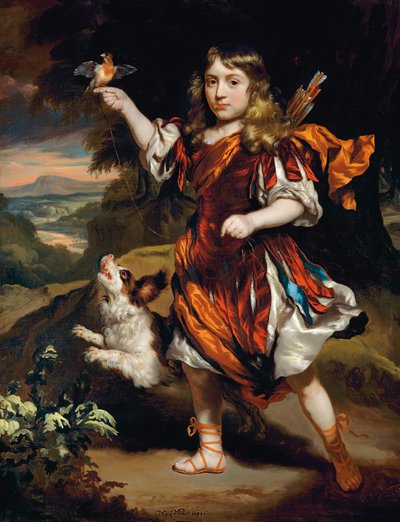 Portret van een jongen, als Daifilo, in een rood overkleed over een zilveren gewaad, met een oranje mantel, een vogel rustend op zijn rechterhand, zijn hond naast hem, in een landschap door Nicolaes Maes