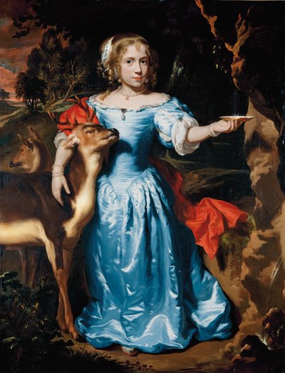 Portret van een Meisje, Volledig, als Granida, in een Blauwe Zijde Jurk en Rode Mantel, haar Linkerhand Water Vangend in een Schelp van een Bron, haar Rechterhand Rond een Hert door Nicolaes Maes