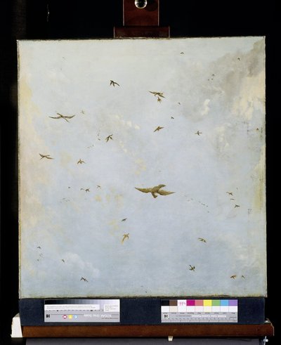 Poppenhuis plafondschildering van een bewolkte hemel met vogels door Nicolaes Piemont (attributed to)