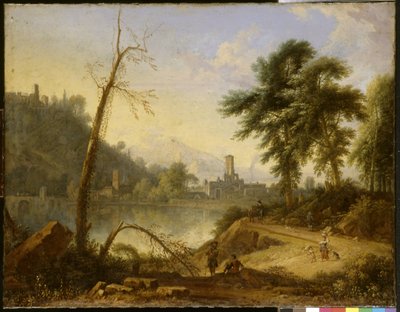 Italiaans landschap met muilezeldrijver door Nicolaes Piemont