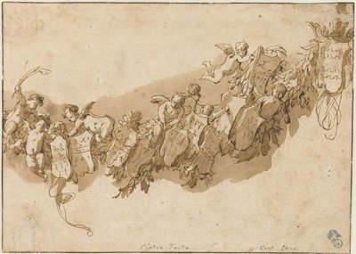 Heraldische guirlande omgeven door engelen door Nicolaes Pietersz Berchem (possibly)