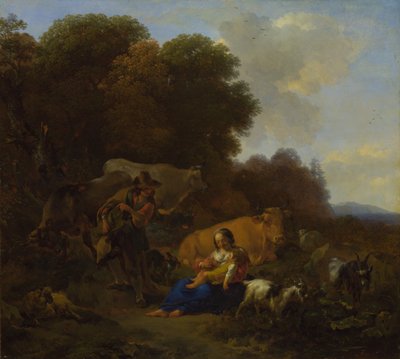 Een Boer die een Draailier speelt voor een Vrouw en Kind, 1658 door Nicolaes Pietersz. Berchem