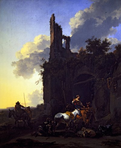 Een Italiaans Landschap met Boeren buiten een Herberg door Nicolaes Pietersz. Berchem