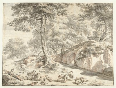 Herder met schapen bij een ruïne tussen bomen door Nicolaes Pietersz Berchem