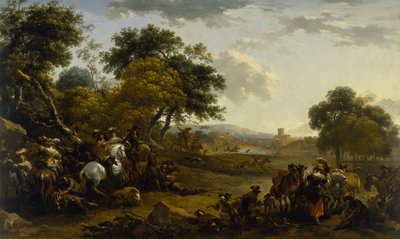 Landschap met jagers door Nicolaes Pietersz. Berchem