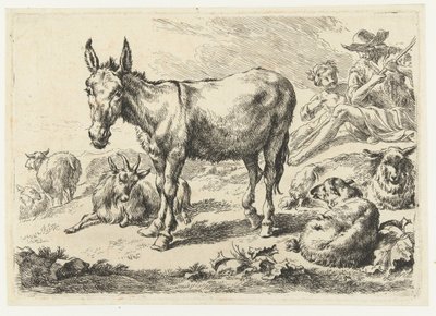 Landschap met ezel, schapen, geit en herders door Nicolaes Pietersz Berchem