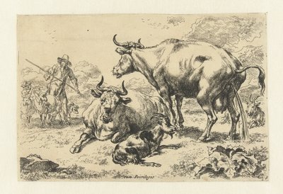 Liggende en een pissende koe door Nicolaes Pietersz Berchem