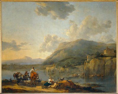 Muilezeldrijver bij een doorwaadbare plaats - Een vrouwelijke muilezeldrijver passeert een doorwaadbare plaats ... door Nicolaes Pietersz. Berchem