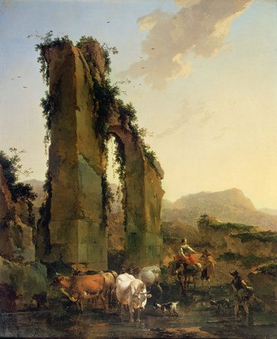 Boeren met vee bij een verwoeste aquaduct door Nicolaes Pietersz. Berchem
