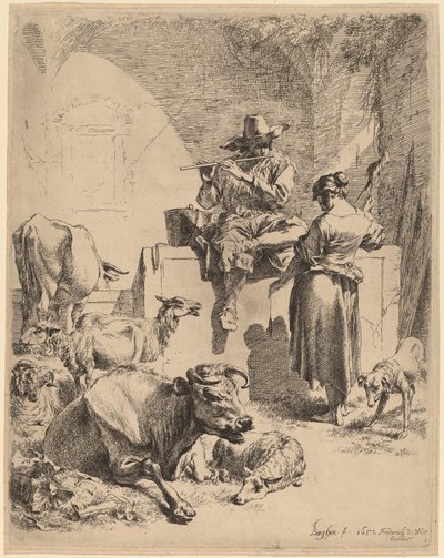 De herder zittend op een fontein en de spinster door Nicolaes Pietersz Berchem