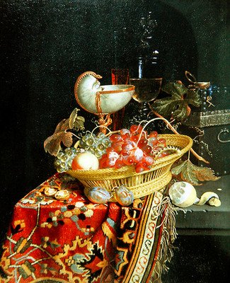 Een stilleven van fruit in een mand en een nautilusbeker door Nicolaes Van Gelder