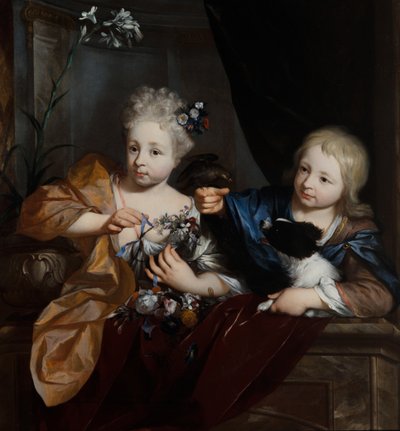 Een jonge jongen en meisje in een architectonische setting door Nicolaes Verkolje