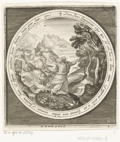 Derde dag van schepping: God schept land en zaadvormende planten en bomen met vruchten die zaden dragen door Nicolaes de Bruyn