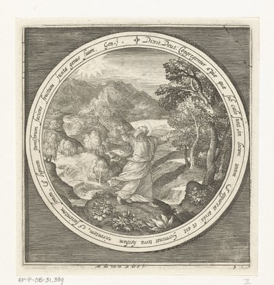 Derde dag van schepping: God schept land en zaadvormende planten en bomen met vruchten die zaden dragen door Nicolaes de Bruyn