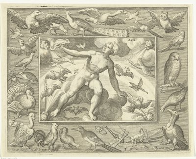 Element lucht als jonge man op wolken tussen vliegende vogels door Nicolaes de Bruyn