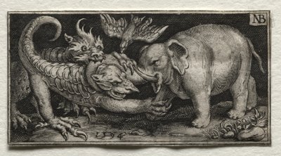 Olifant vecht met twee beesten door Nicolaes de Bruyn