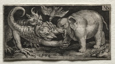 Olifant vecht tegen twee beesten, 1594 door Nicolaes de Bruyn