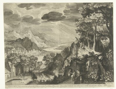 Landschap met het offer van Abraham door Nicolaes de Bruyn