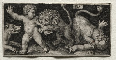 Leeuwen die kinderen aanvallen door Nicolaes de Bruyn