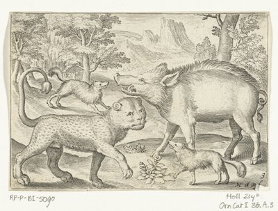 Luipaard, wild zwijn en honden door Nicolaes de Bruyn