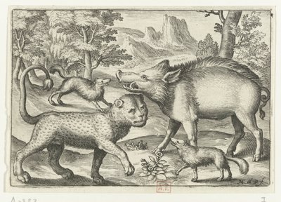 Luipaard, wild zwijn en twee honden door Nicolaes de Bruyn