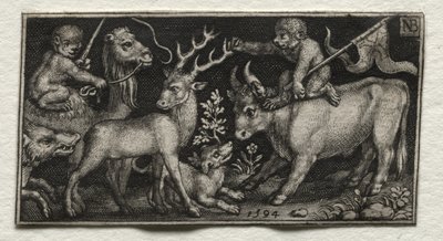 Apen rijden op een kameel en een stier door Nicolaes de Bruyn