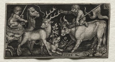 Apen rijden op een kameel en een stier, 1594 door Nicolaes de Bruyn
