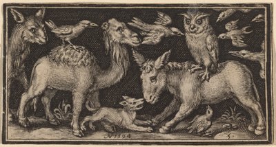 Uil op de rug van een ezel, vogel op de rug van een kameel met andere dieren door Nicolaes de Bruyn