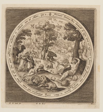Zesde Dag: De schepping van de dieren, Adam en Eva, van de schepping tot de verdrijving uit het paradijs door Nicolaes de Bruyn