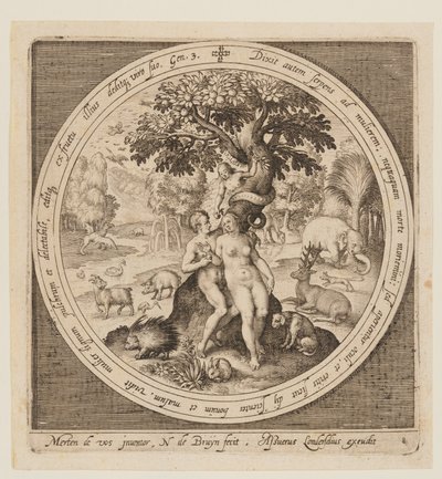 De verleiding van Eva, van de schepping tot de verdrijving uit het paradijs door Nicolaes de Bruyn