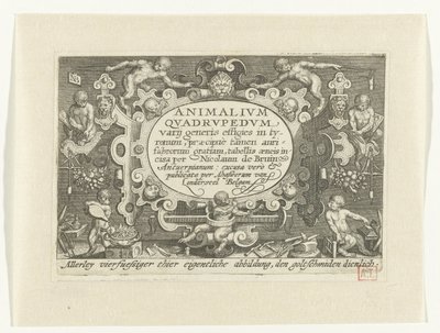 Titelprent met titel in cartouche met daaromheen apen aan het werk als goudsmid door Nicolaes de Bruyn