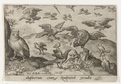 Uil met prooi belaagd door andere vogels door Nicolaes de Bruyn