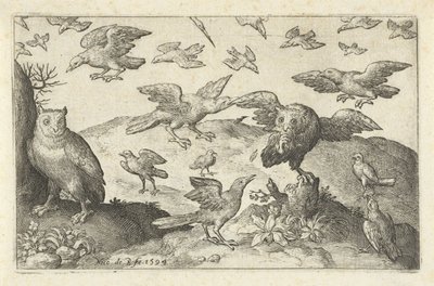 Uil met prooi belaagd door andere vogels door Nicolaes de Bruyn