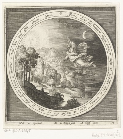 Vierde dag van schepping: God schept de zon, maan en sterren Van schepping tot verdrijving uit paradijs door Nicolaes de Bruyn