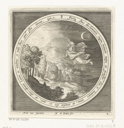 Vierde dag van schepping: God schept de zon, maan en sterren door Nicolaes de Bruyn