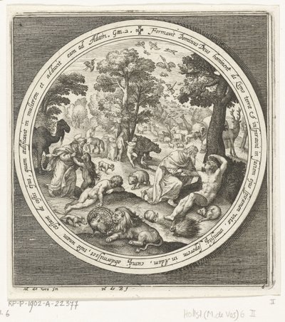 Zesde dag van schepping: God schept de dieren en Adam en Eva door Nicolaes de Bruyn