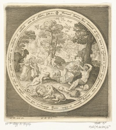 Zesde dag van schepping: God schept de dieren en Adam en Eva door Nicolaes de Bruyn
