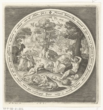 Zesde dag van schepping: God schept de dieren en Adam en Eva door Nicolaes de Bruyn