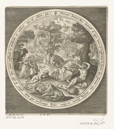 Zesde dag van schepping: God schept de dieren en Adam en Eva door Nicolaes de Bruyn