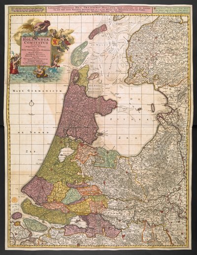 Kaart van Holland, met nederzettingen, moerassen, bossen, heuvels, wegen, rivieren en andere geografische kenmerken, ca.1710 door Nicolaes the Elder Visscher